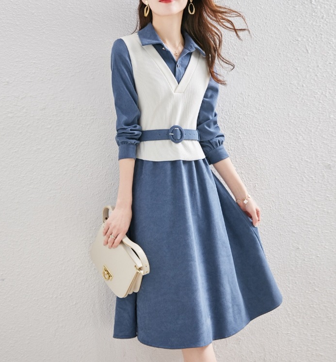 ワンピース デート モテアイテム レイヤード フレアワンピース ひざ丈 長袖 ベルト ウエストマーク 可愛い きれいめ 上品 おしゃれ かっこいい 可愛い ラブリー キュート ガーリー クール