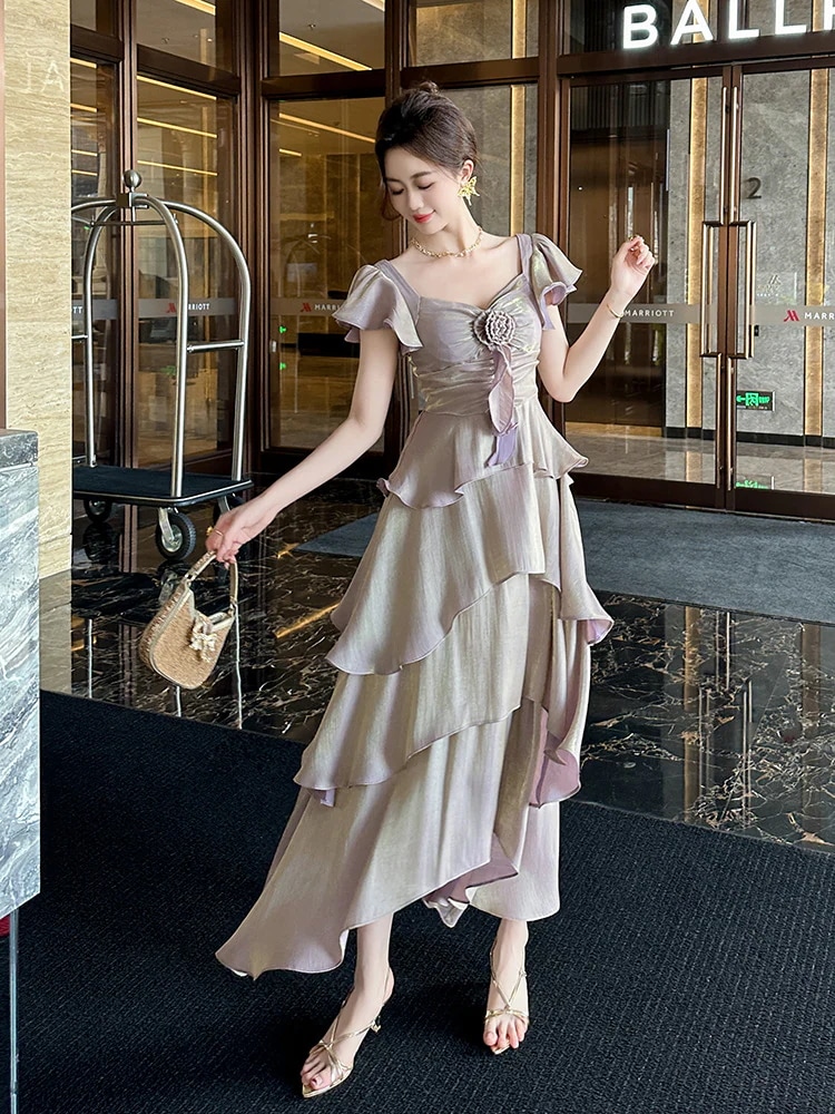 2024夏新品 フリルワンピース スクエア襟 ロング ドレス パーティー キャバ 大人 同窓会 披露宴 卒業式 結婚式 演奏会 ウェディング 二次会 メガ割 5,535円