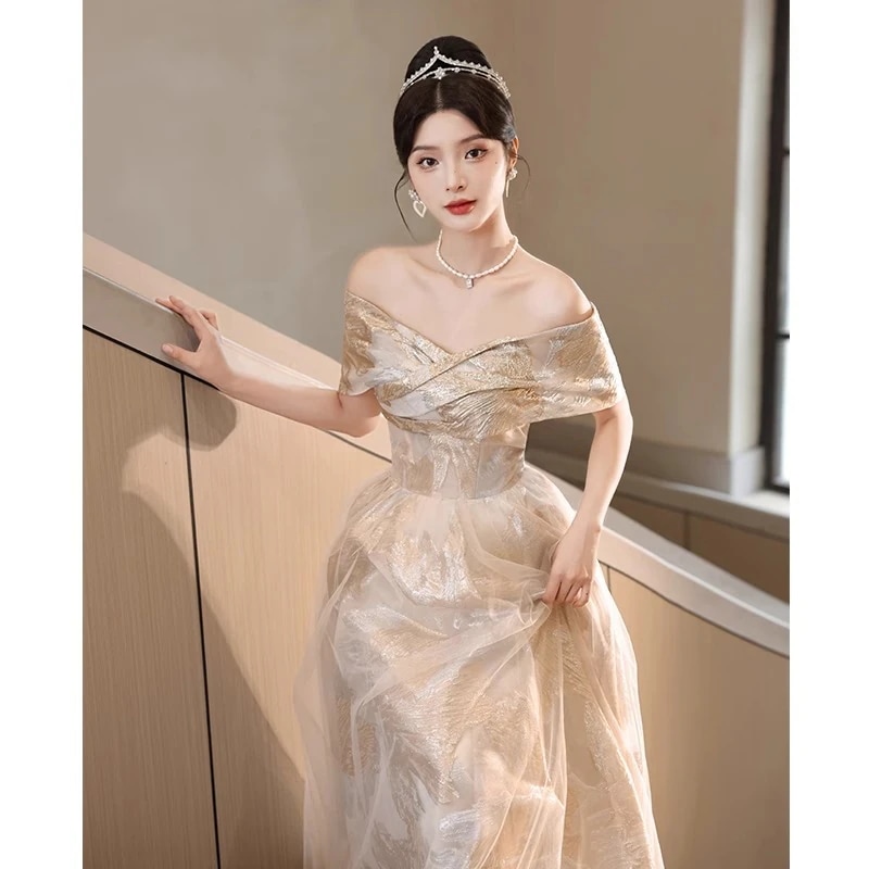 追加 シャンパンイブニングドレス パーティードレス 宴会 贅沢 パーティー 司会大人ワンピース