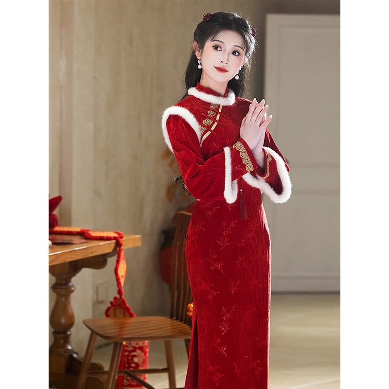 ワンピースドレスドレスレッドチョンサム服エンゲージメントドレススタイルフリースフリース冬の新年バトルドレス新しい年衣服