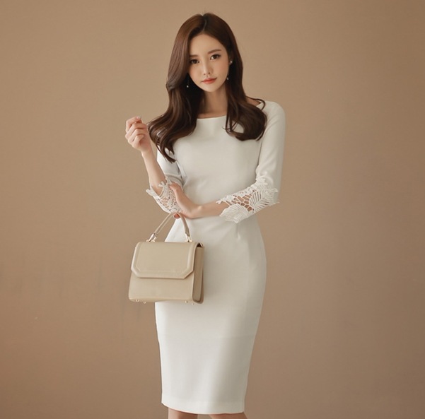 ワンピース 膝下 7分袖 七分袖 ボートネック スリム タイト スマート デザイン 美ライン ニュアンス レイヤード 軽やか カラバリ スタイルアップ ロマンチック かわいい 大人可愛い きれいめ