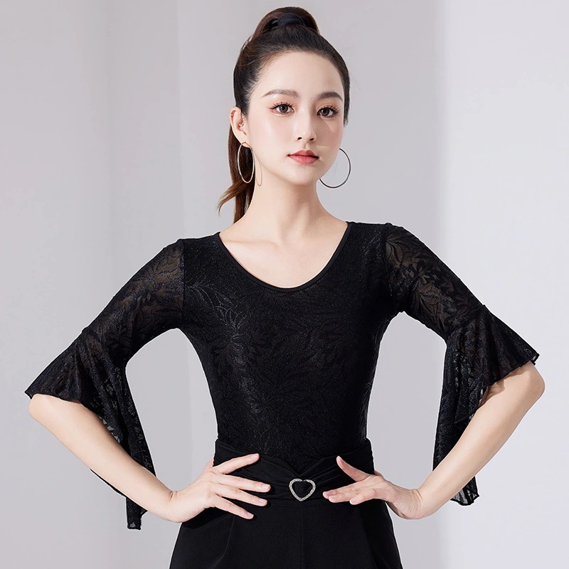 ミッドスリーブラテンダンスダンス衣装レーススリム気質セクシーな夏黒中空スリム練習服 5,100円