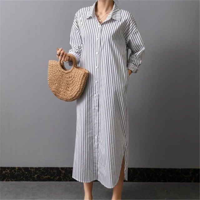 レディース ワンピース シャツワンピ ストライプ 長袖 スリット ロング丈 マキシ丈 カジュアル