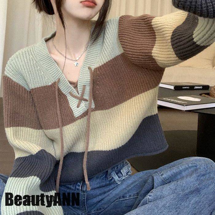 新生活 セーター レディース ニットセーター ニット Vネック 長袖 プルオーバー トップス 配色 おしゃれ カジュアル 可愛い 通勤 通学 プレゼント ギフト