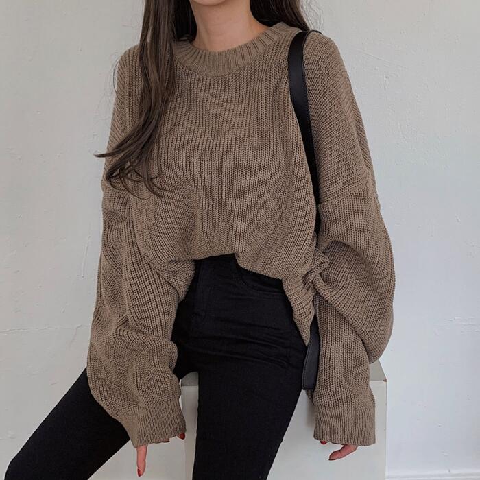 トップス ニット セーター プルオーバー レディース エレガント 大人 可愛い きれいめ カジュアル フェミニン 長袖 無地 クルーネック シンプル ピンク ブルー 青 レッド 赤 ブラウン ブラック