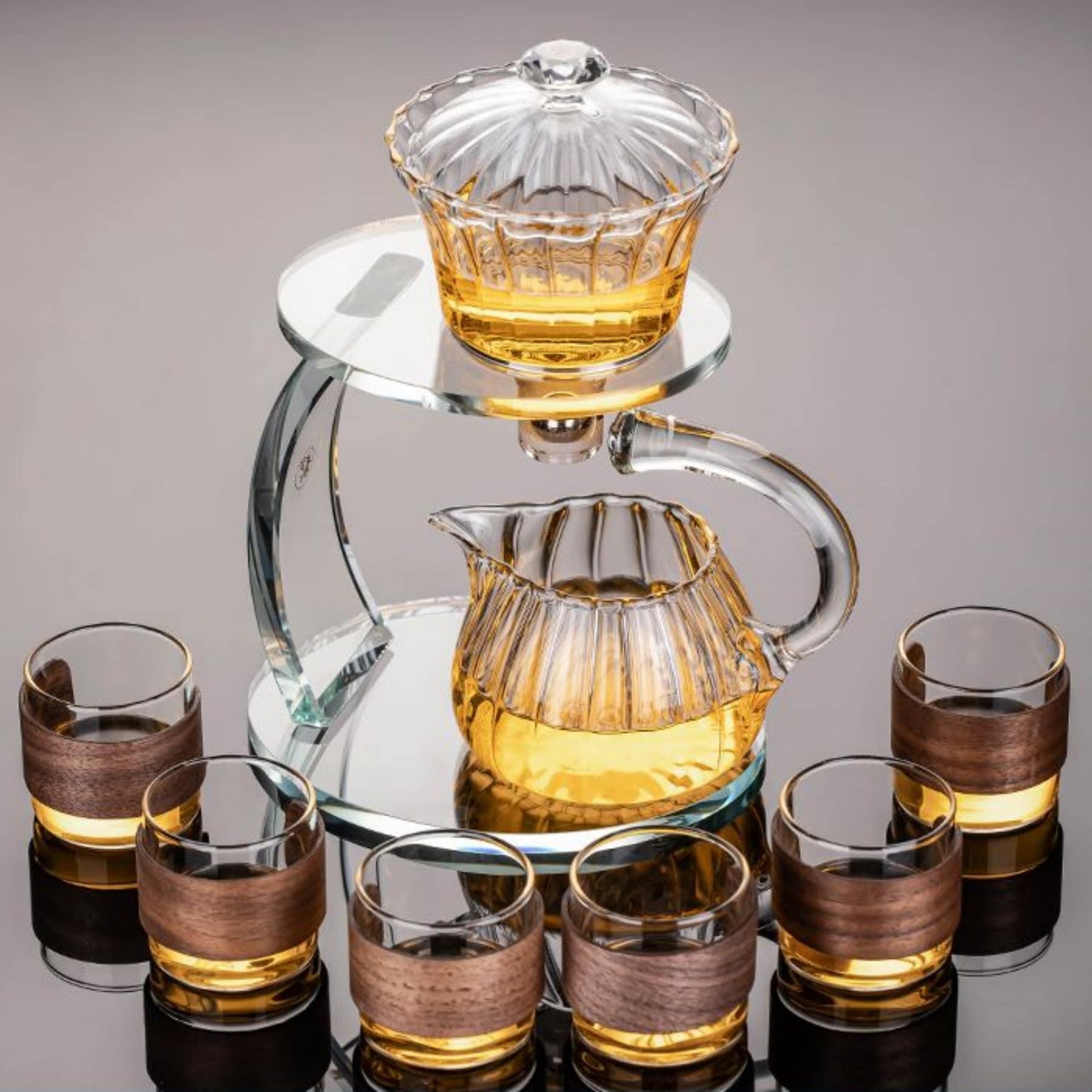 ティーポット 耐熱ガラス 急須 湯呑み セット 蓮華 茶海 茶こし付き 湯冷まし 蓋碗 カップスリーブ付き 半自動ティーセット 湯飲み茶碗 中国茶器 おしゃれ 茶器セット 工夫茶器 業務用 来客用 家