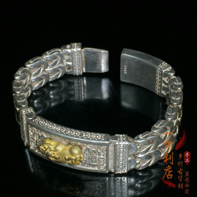 アンティークコレクションオールドシルバー貔貅タイシルバーブレスレットトレンディなメンズファッション