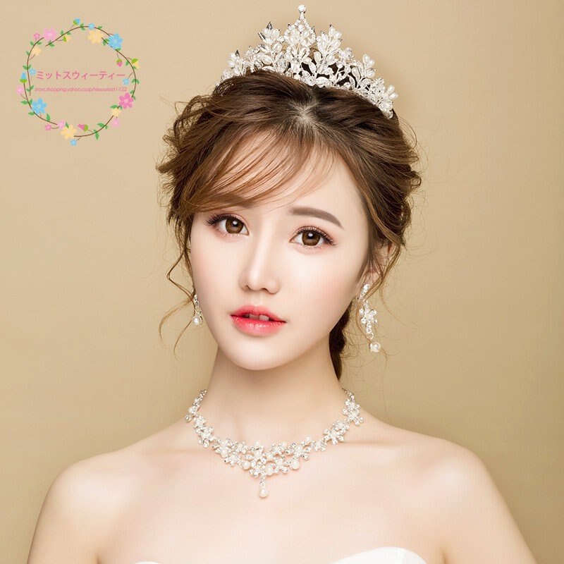 ウエディング ティアラ クラウン ネックレス ピアス/イヤリング セット 結婚式 二次会 パーティー