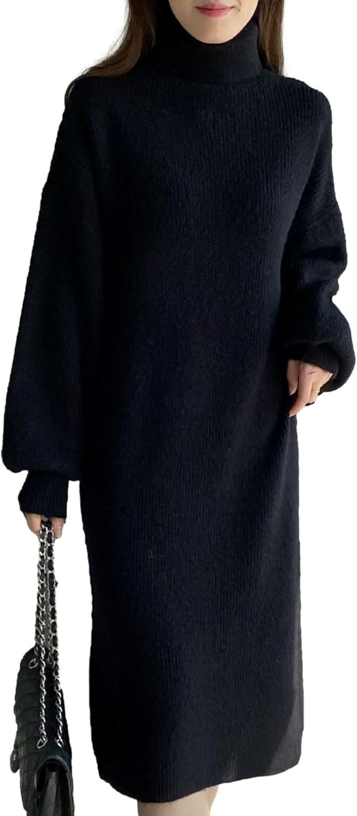 ワンピース レディース ニット タートルネック ドロップショルダー ミディ丈 着まわし エレガント 伸縮性 コンサバ ぽわん袖 ルーム 簡単お手入れ 女性用 大人用(ブラック, M)