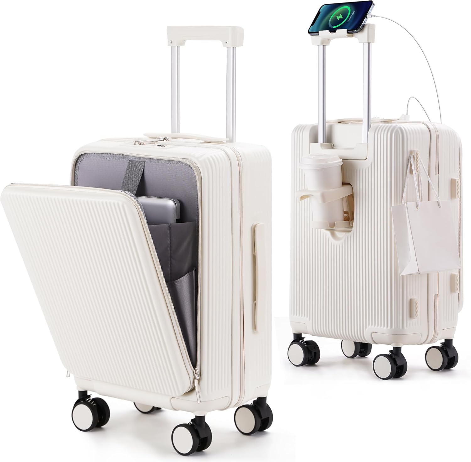 [MULARDA] 前開きキャリーケース スーツケース機内持ち込み 耐衝撃 超軽量 USBポート付き Sサイズ 大容量 1-3泊 旅行 ビジネス 出張 ホワイト