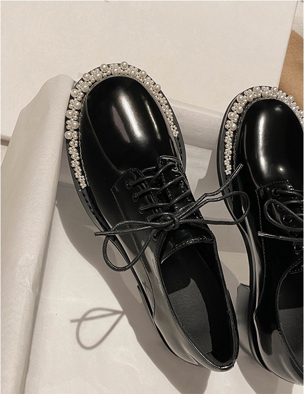 TK0044 レースアップ パール シューズ 革靴 ラウンドトゥ オジ靴 ガーリー エナメル