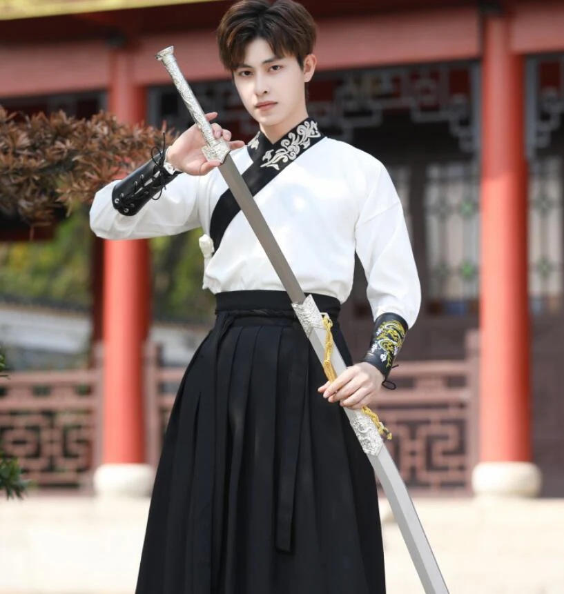 チャイナ服 華流 ハロウィン コスプレ衣装 メンズ おしゃれグラデーション 中華服 上下セット 交差 袴風 中華衣裳 中国古代服装 中国時代劇コスム 刺繍 男性 漢服 カンフー コスプレ 学園祭