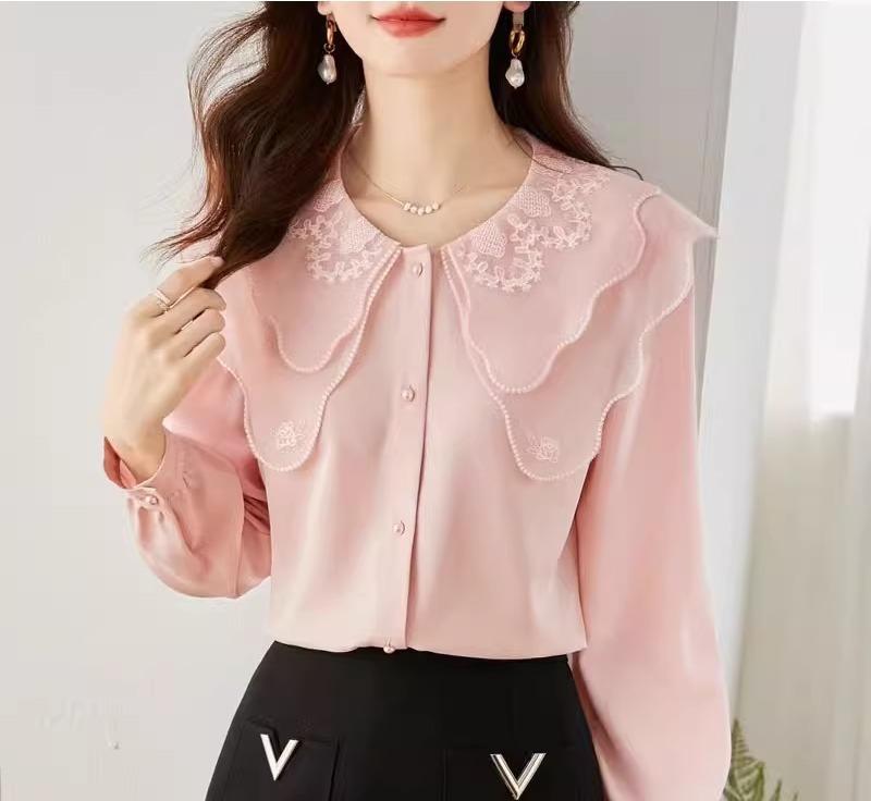 シフォンシャツ ブラウス レディース 秋 上品 女性 カジュアル レース 刺繍 長袖 ラウンドネック 二重衿 シングルブレスト 通勤 オフィス 薄手 軽量 柔らかい トップス お腹カバー スリム