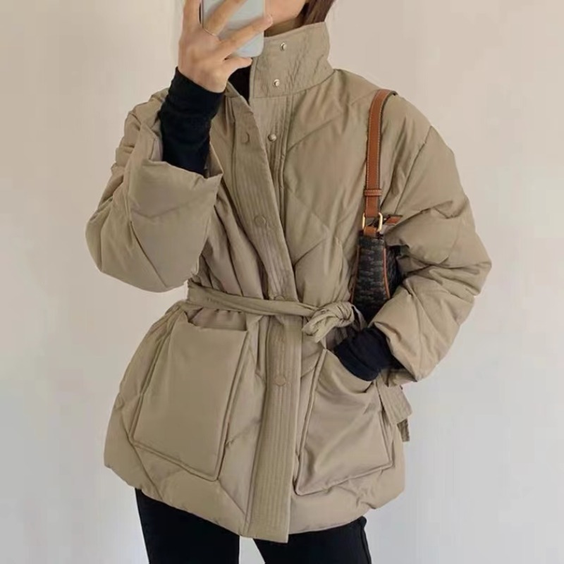 オーバーサイズ ダイヤ柄ステッチ ウエストリボン付き パデッドジャケット 中綿入り ダウン風