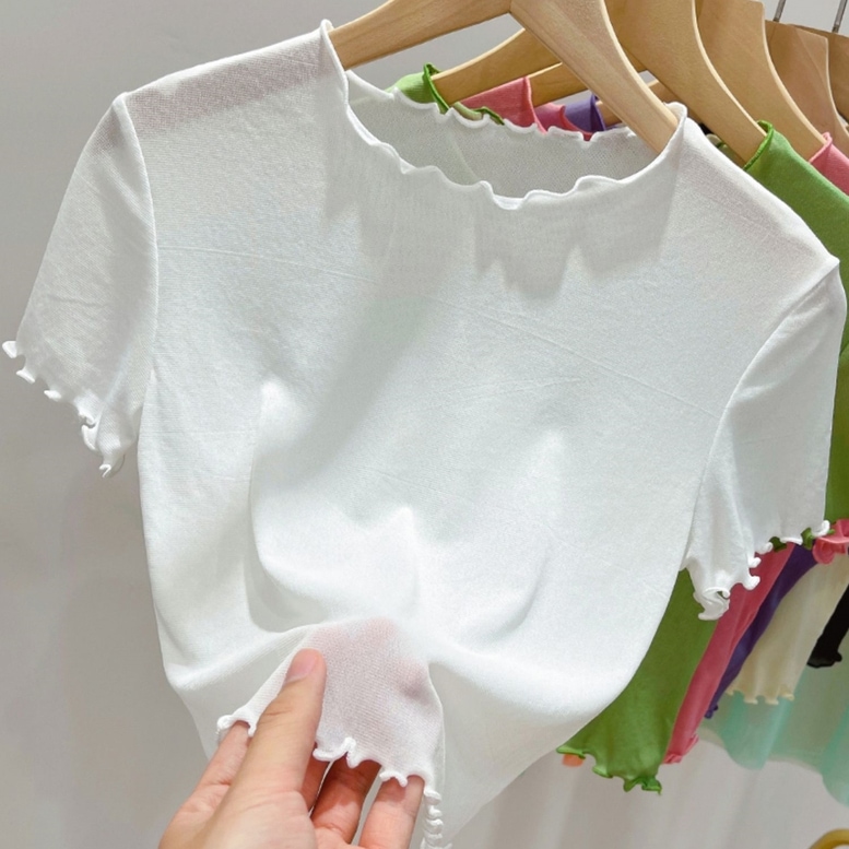 カットソー トップス メロウ薄手ニット レディース 半袖カットソー メロウ クシュクシュ 半袖 薄手 ショート丈 薄手ニット シャツ 白 緑 紫 黒 ホワイト グリーン ピンク パープル ベージュ