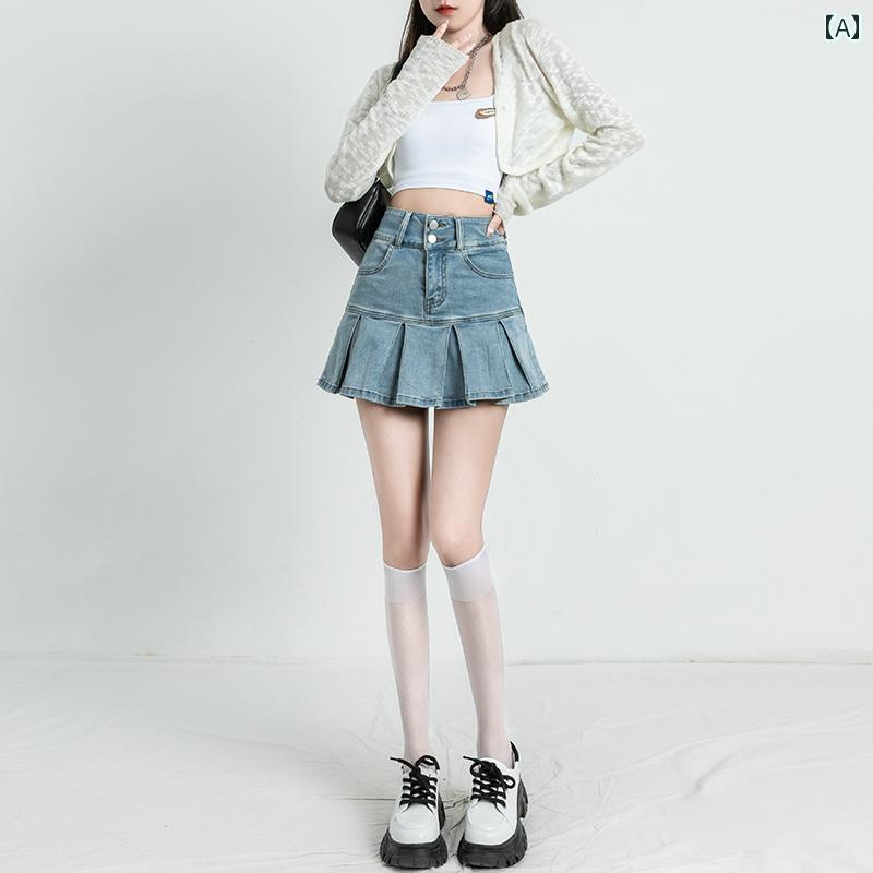 デニムスカート ミニ プリーツ レディース ハイウエスト ショートスカート 夏 カジュアル ブルー ブラック