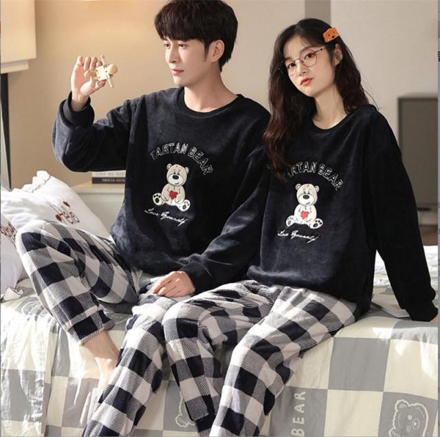 クマ柄 ペアパジャマ ルームウェア モコモコ ペアルック カップル パジャマ レデイース メンズ 寝巻き 上下セット お揃い パジャマ スウェット 厚手 冬