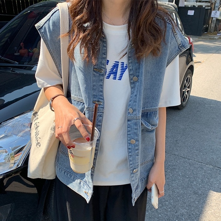 デニムベスト トップス ベスト 袖なし デニム ブルーデニム カラーデニム かわいい 大人可愛い