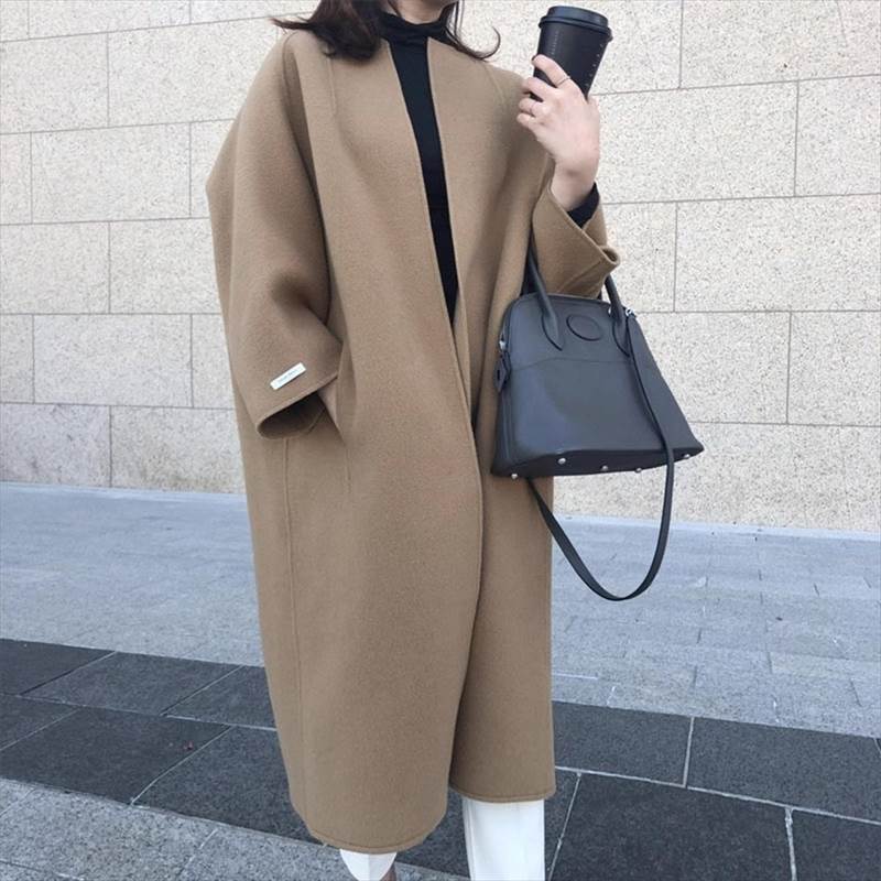 アウター コート レディース ロングコート ウール 長袖 Uネック ラウンドネック 前開き ツイード オーバーサイズ シンプル 上品 おしゃれ エレガント モダン ベーシック ナチュラル 無地 秋 冬