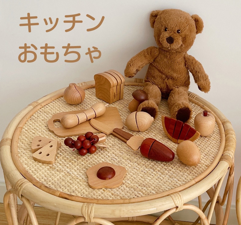 木製 ままごとセット 14点 食材＆調理器具 包丁/まな板/フライパン付き キッズ用 安全設計 おままごと キッチン玩具 かわいい 木のおもちゃ