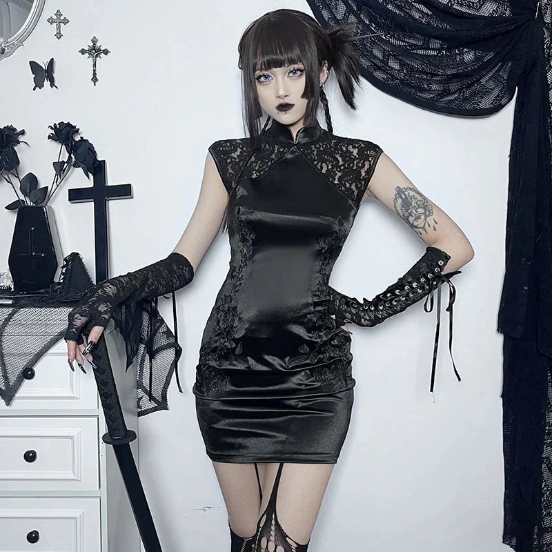 Lolita 二次元 レース刺繍ダーク改良チャイナドレスワンピーススリムで痩せた雰囲気のスカート 涼しく楽ちんセットアップ メイド服