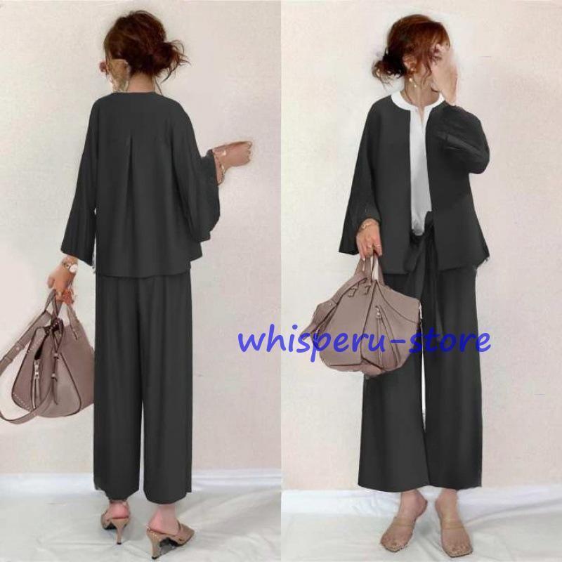 スーツ パンツスーツ レディース ワイドパンツ コート シャツ 3点セット ジャケット ブラウス セットアップ ロングパンツ アウター 上下セット オフィスウェア