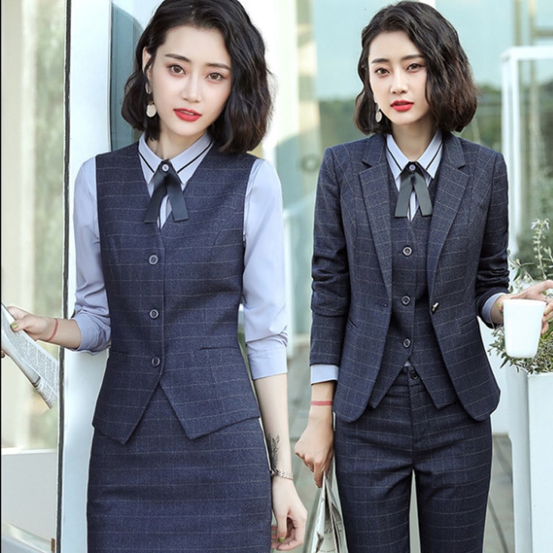 スーツセット レディース OL通勤 ジャケット パンツ スカート ベスト シャツ５点セット(単品販売もできます)オフィス/フォーマル チェック柄 就活 面接 卒業式-836