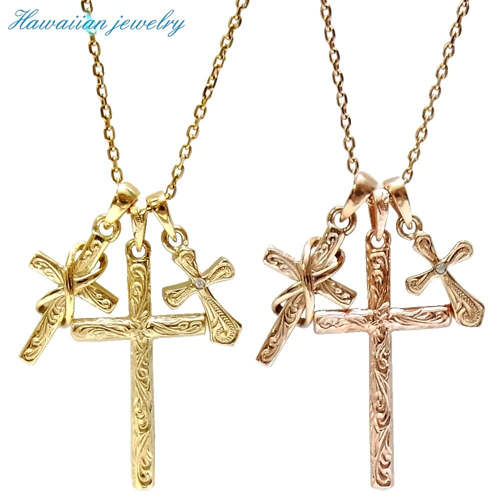 ハワイアンジュエリー 3連 ネックレス レディース メンズ ゴールド クロス 石 ジルコニア お花