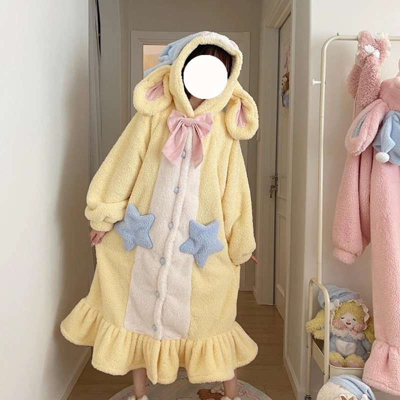 かわいいモモウサギのナイトガウン女性用コーラルベルベットパジャマは外で着用でき厚みのある豪華なホーム服セット