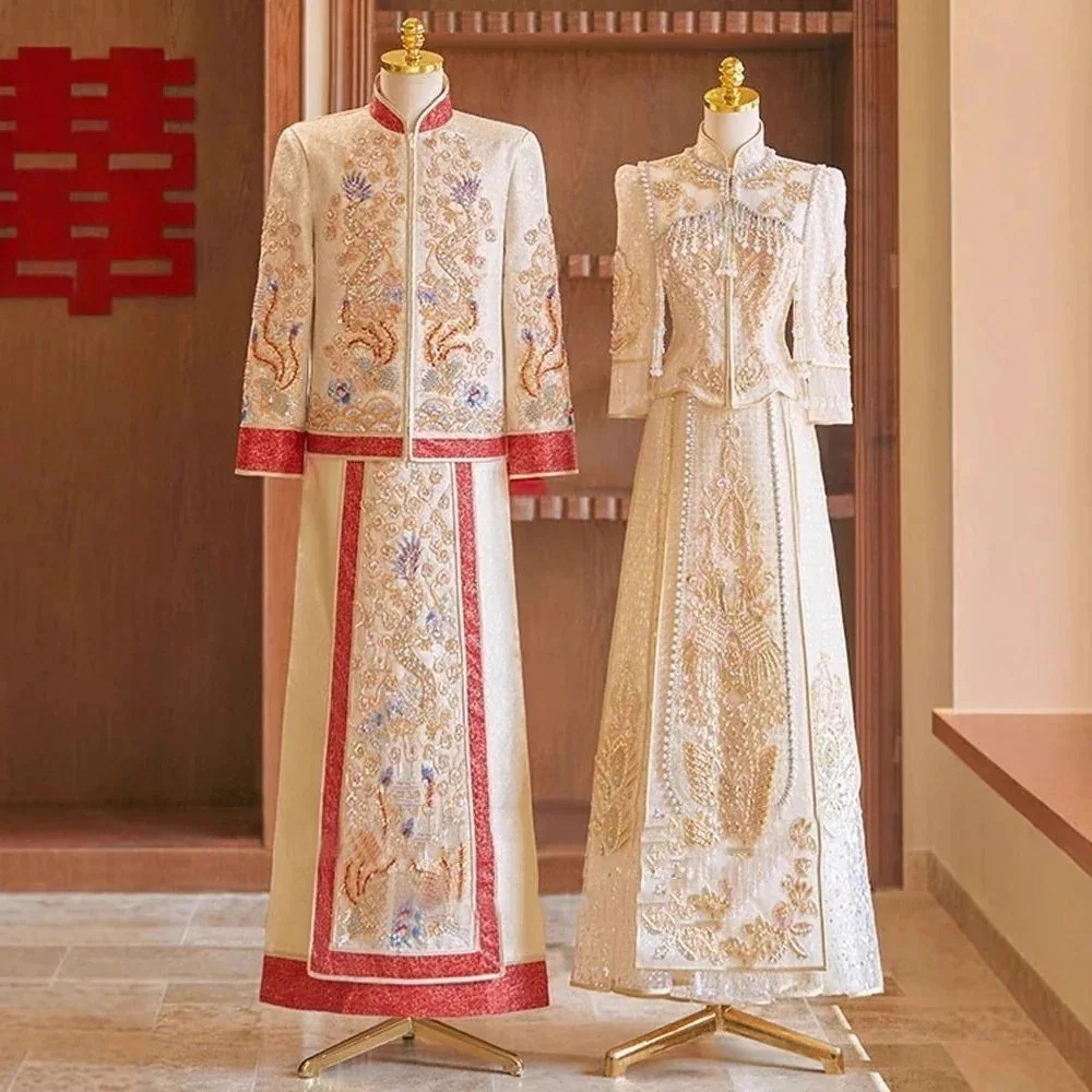 敬酒服 ワインレッド 金色な刺繍 中国風ウェディングドレス-95 チャイナドレス ロング丈 マキシ丈 チャイナ ドレス 中国風結婚式秀禾服 花嫁ドレス 七分袖 改良中華ドレス