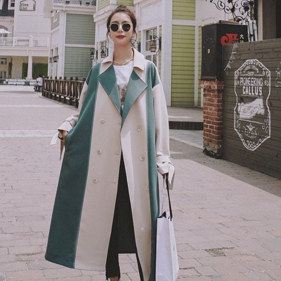 【取寄：納期2週間】トレンチコート ロング丈 バイカラー アウター コート レディース ハイウエスト ウエストベルト トレンチコート レディース きれいめ かわいい トレンチコート ロング丈