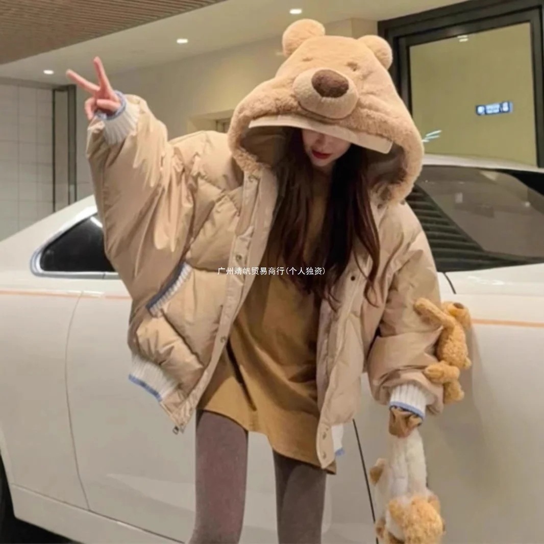 取り外し可能なクマのかわいいフード付きコットンジャケット女性用 2026 冬厚みのある暖かく老化を軽減するルーズコットンジャケット