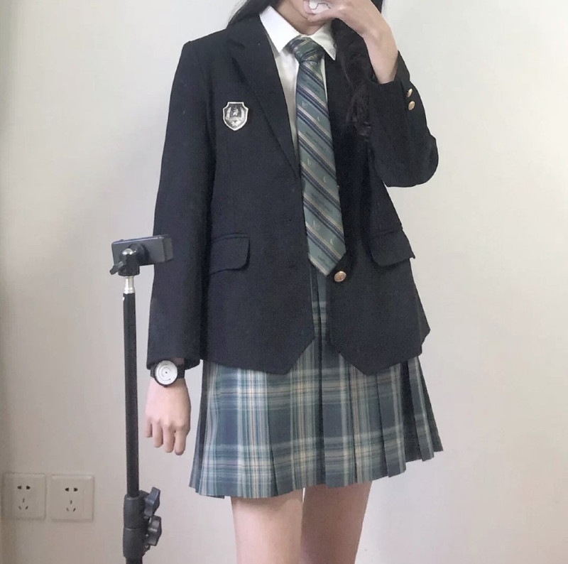 S5204-9 JK 女子高生 制服セット 5点ワイシャツ＋ネクタイ＋スカート+ブレザー 紺色 ネイ