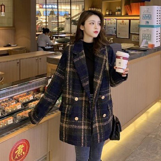 【取寄：納期2週間】チェスターコート レディース コート ジャケット 襟あり 羽織 アウター チェック柄 格子柄 ネイビー 紺 ダブルブレスト 長袖 カジュアル お出掛け おしゃれ ミディ丈