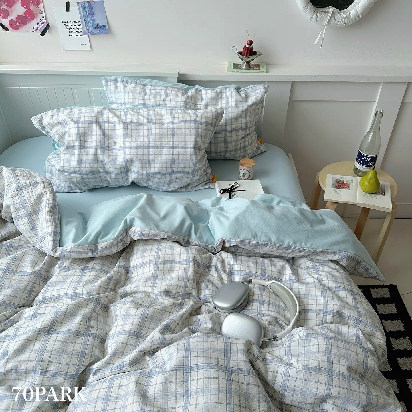 スカイブルー チェック柄 布団カバーセット 全2サイズ オールシーズン 通年 シングル クイーン おしゃれ 韓国 北欧インテリア 韓国インテリア 韓国 70PARK