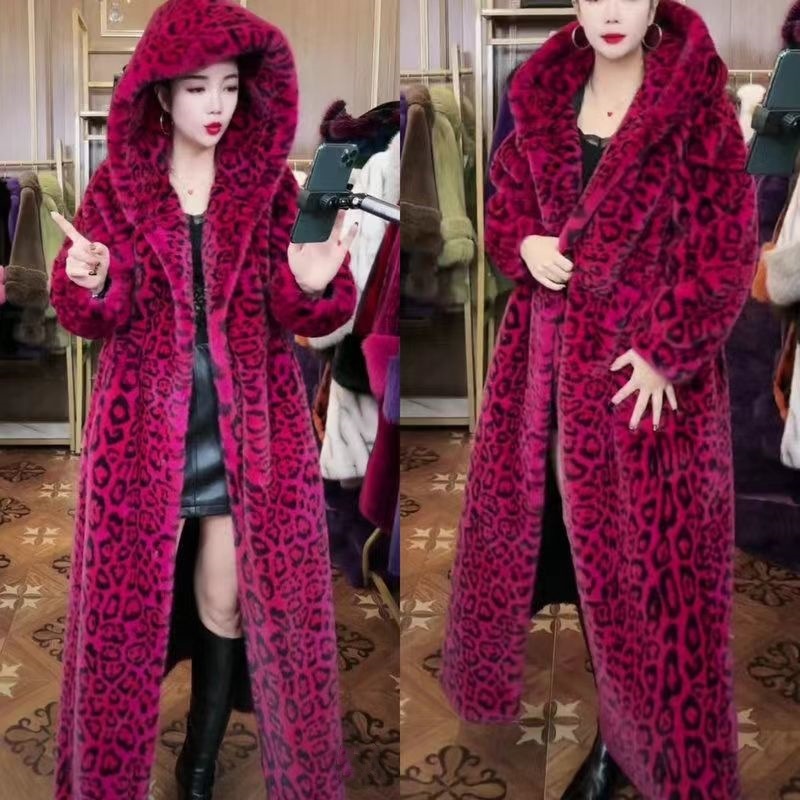 ロングファー 人工ファーコート 欧美風 裏起毛 厚手 豹柄 冬 ロングコート アウター