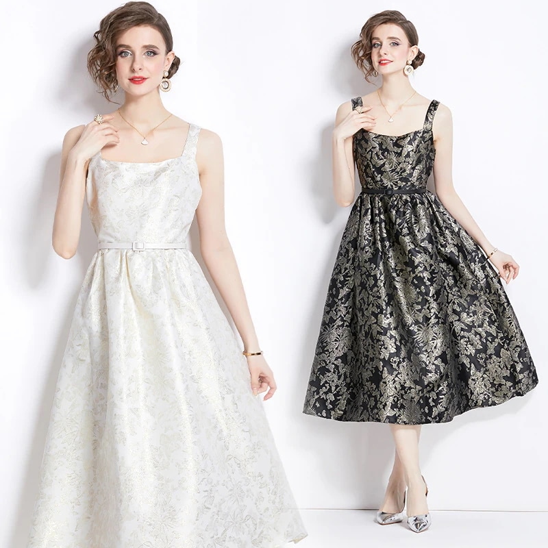 パーティードレス キャミワンピース新型重工ジャカード腰ストラップ 気質ドレススカート
