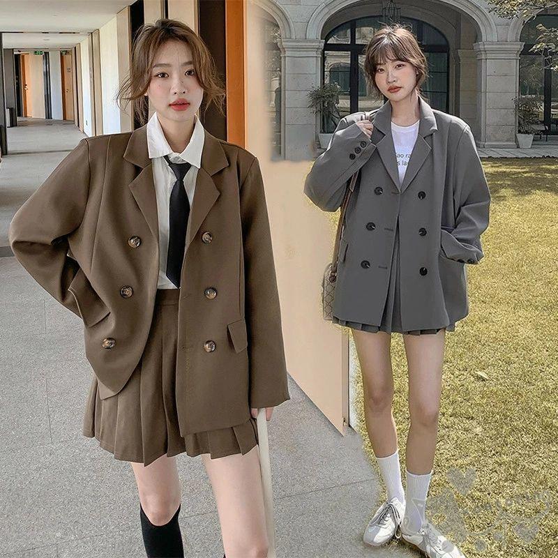 【急速出荷!】【制服標準装備】卒業式スーツ 女の子 子供スーツ 2点セット 韓国 制服 高校生 入学式 女の子 韓国 高校生 レディース フォーマルスーツ ジャケット スカート ブラウン グレー