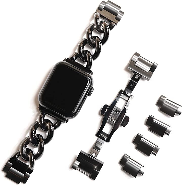 AppleWatch用 チャンキー チェーンベルト シルバー/ステンレス 工具不要 バタフライバックル 40mm 41mm 42mm(ブラック, 40mm 41mm 42mm)