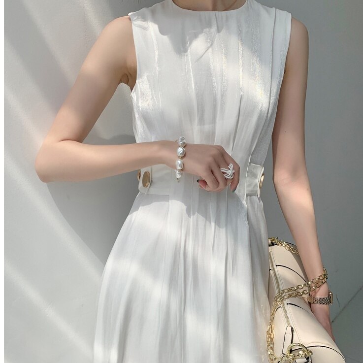 ワンピース ノースリーブ 春夏 きれいめ ロング aライン aライン Aライン フレア 膝丈 ひざ丈 膝下 ミモレ ミモレ丈 ラウンドネック 襟なし フレア セミフレア Aライン 裾ワイド ウエストマ