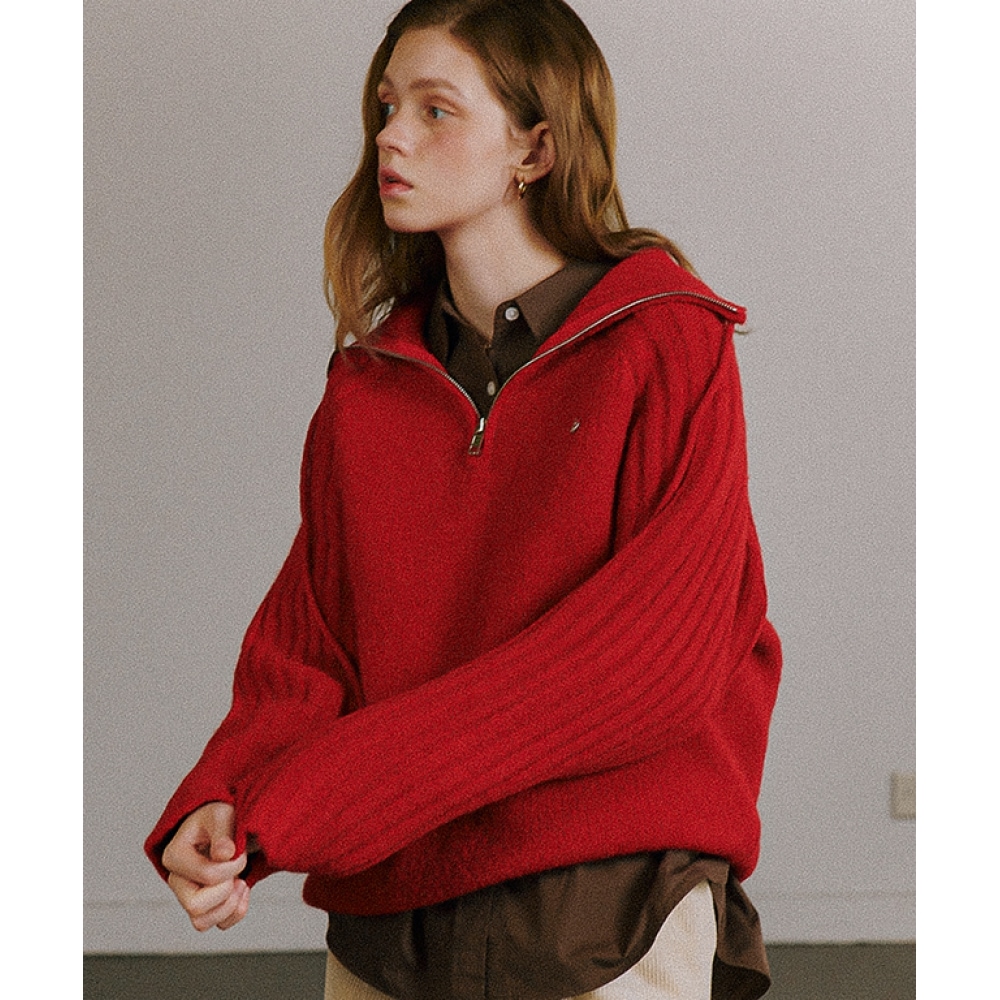 RONRON ハイネックハーフジップアップニットレッド