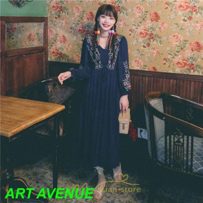 ロングワンピース レディース ワンピ 夏 秋 長袖 可愛い 部屋着 リゾート Vネック 綿麻 花柄 高見え 旅行 お泊り レトロ風 エスニック風 細見え 20代30代40代