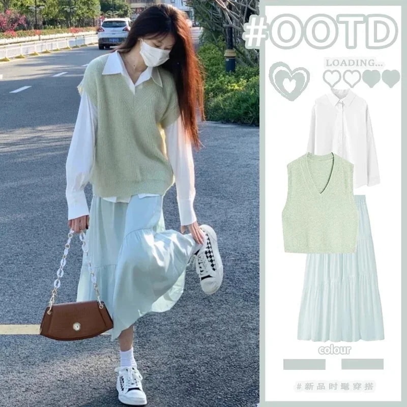 10%セットアップ 韓国ファッション ブラウス ベスト ロングスカート 3点セット デザイン 韓国 おしゃれ 百掛け 質感