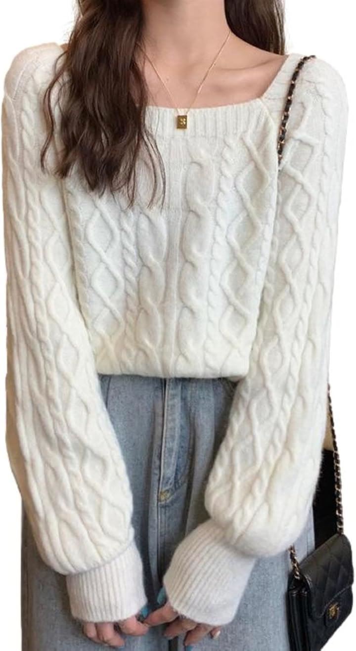 ニット レディース セーター プルオーバー ケーブル編み スクエアネック パフスリーブ ショート丈 カジュアル モード らくちん デート シルエット 体型カバー(アイボリー, S)