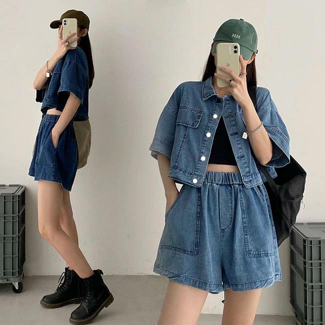デニム 上下セット 夏 レディース ショートパンツ デニムシャツ 半袖 デニムジャケット 2点セット 短パン ゆったり 半袖シャツ セットアップ プレゼント