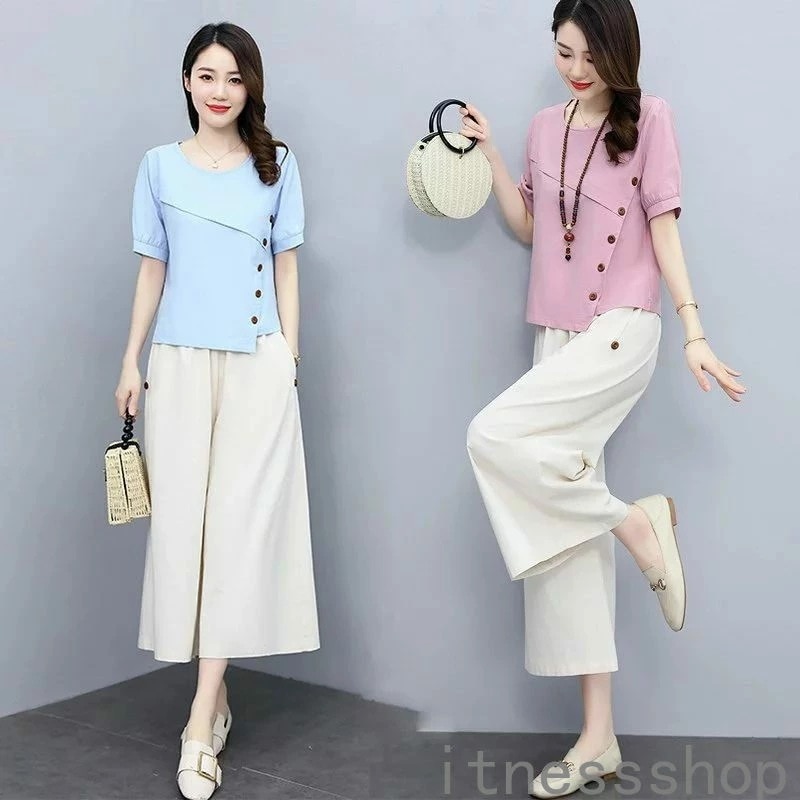 新品 ギフトセットアップ レディース 夏 40代 30代 コーデ カジュアル 2点セット Tシャツ 半袖 ガウチョパンツ 綿麻 大きいサイズ 韓国風 おしゃれ 着痩せ 通勤 上品 ギフト