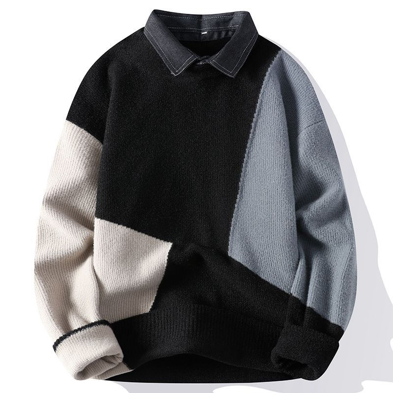 ニットウェア 秋冬に着たい ベーシックニット 韓国ファッション レギュラー/裏起毛 メンズフェイクセーター 秋冬 プルオーバー 長袖 ゆったり カジュアル リブニットトップス