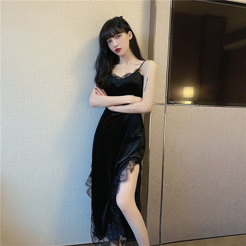 21年春のレディースセクシーベルベットレースステッチサスペンダードレススプリットエンドスリムバッグヒップスカート キャミワンピ 人気の ファッションブランド Www Quartzhotel Mx