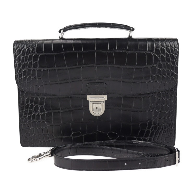 美品 CELINE セリーヌ ビジネスバッグ - カータブル クロコ型押しレザー ブラック シルバー金具 2WAY ブリーフケース ハンドバッグ ショルダーバッグ フラップ 本物保証 中古