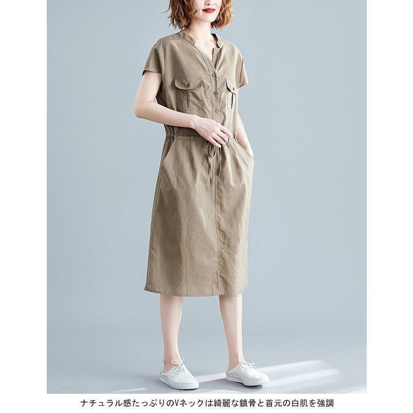 春 夏 ワンピース 半袖 薄手 シャツワンピ ロング 夏 女性 半袖ワンピース Vネック ウエスト調整可 ロングワンピ レトロ 着まわし